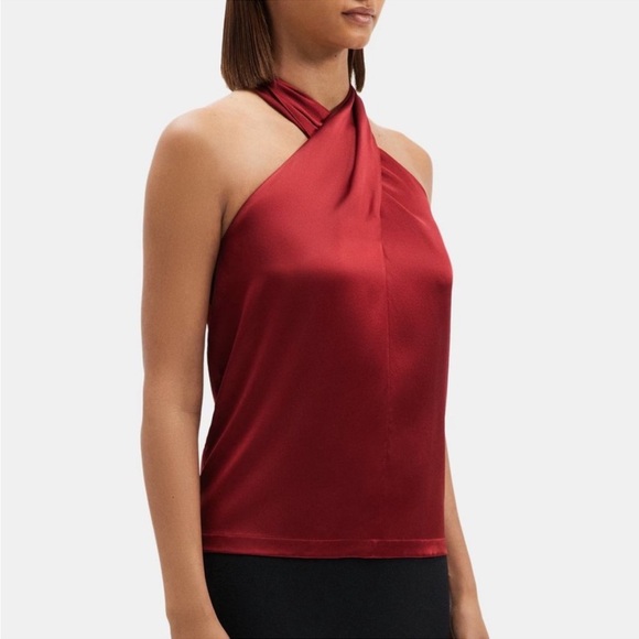 THEORY Ertil Silky Satin Halter Top Color: Red Dahlia size P= 0-2 NWT $225 - Picture 3 of 14